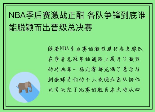 NBA季后赛激战正酣 各队争锋到底谁能脱颖而出晋级总决赛
