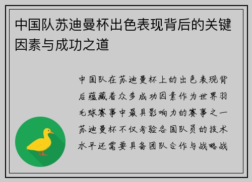 中国队苏迪曼杯出色表现背后的关键因素与成功之道