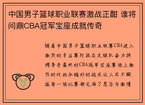 中国男子篮球职业联赛激战正酣 谁将问鼎CBA冠军宝座成就传奇